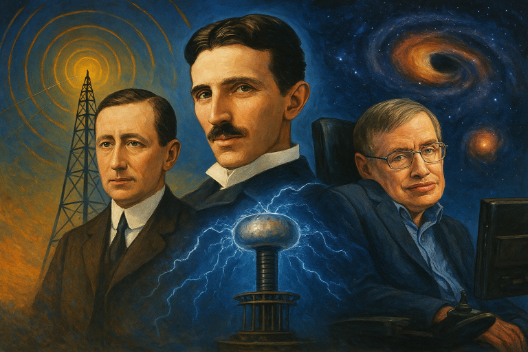 Guglielmo Marconi, Nikola Tesla, and Stephen Hawking Three Visionaries
